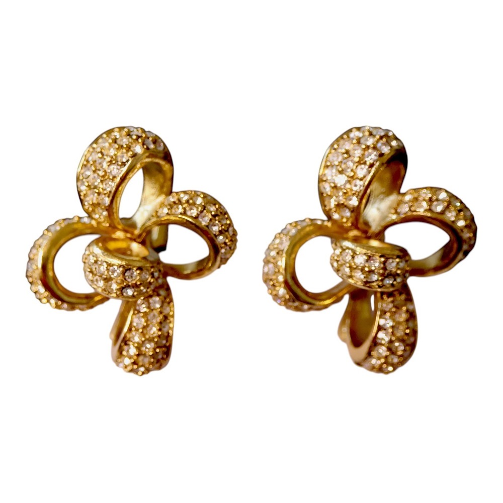 Oscar de la Renta Large Crystal Clover Gold Clip-On Stud Earrings EUC ODLR